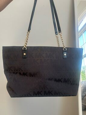 Michael Kors Black MK Jacquard Tote with Gold Chain Straps
